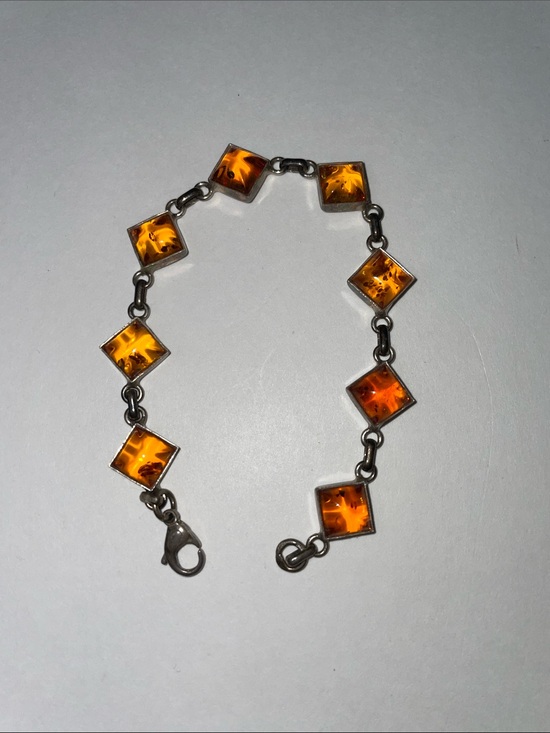 Baltic Amber Jewelry - Vintage Baltic Sterling .925 Silver Orange Amber Link Bracelet.  7.25”